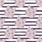 Cat seamless pattern. Purple pets faces on white background with strips. Stylized naive artwork