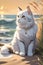 A cat in the seashore, relaxed and contemplative pose, sitting amidst gentle waves lapping the shores, digital art painting