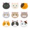 Cat. Set of flat feline head icons. Vector.