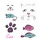 Cat set, paw print and faces, mouse and fish colorful toys, hand drawn doodle, sketch, vector illustration