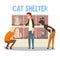 Cat shelter, people adopting cat pet from animal shelter vector Illustration on a white background