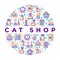 Cat shop concept in circle with thin line icons: bags for transportation, hygiene, collars, doors, toys, feeders, scratchers,