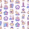 Cat shop seamless pattern with thin line icons: bags for transportation, hygiene, collars, doors, toys, feeders, scratchers,