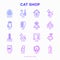 Cat shop thin line icons set: bags for transportation, hygiene, collars, doors, toys, feeders, scratchers, litter, shack, training