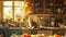 A cat sits on the counter among scattered ingredients in a cluttered kitchen