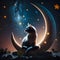 A cat sits on a crescent moon with stars, generative AI