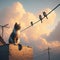 Cat sits on rooftop gazing at three birds on wire