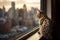 The cat sits on the windowsill and looks at the evening city