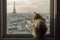 The cat sits on the windowsill and looks at Paris