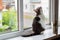 Cat sits on the windowsill near an open window, for which goes rain