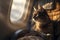 Cat Sitting on Airplane Seat, Looking Out Window. Generative AI