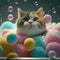 a cat sitting in a bath filled with soap bubbles and bubbles floating around it\\\'s head and eyes, wit