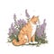 a cat sitting in a field of flowers on a white background with a green eyed cat in the middle of the picture and a purple flower