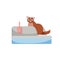 Cat sitting in litter box. Clipart image. Kitty that sits in a cat litter tray. Cat in the toilet . Flat cartoon style 