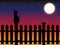 Cat sitting on picket fence post in moonlight