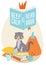 Cat sitting on pile of books with cup of tea and playing with ball of yarn surrounded by pillows. illustration keep calm