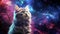 A cat sitting on a table against a stunning galaxy backdrop