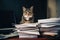 A cat sitting on top of a pile of papers. AI generative image.