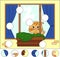 Cat sitting on the window with flower pots and curtains. Complete the puzzle and find the missing parts of the picture. Vector il