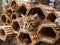 A cat is sitting in a wooden beehive