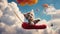 cat on the sky A humorous scene where a Maine Coon kitten, snug in a vibrant sock, is playfully parachuting down,