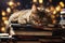 cat sleep on stack of books education concept bokeh. ai generative