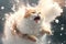 Cat smacked by snowball. Cute kitten with surprised and angry face, hit by snow during snow fight. Generated AI.