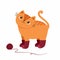 Cat in small knitted socks and with yarn ball. Cute kitten character. Mascot of goods for pets.