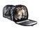 Cat in soft-sided carrier on white background