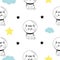 Cat spaceman head, hands. Cloud, star shape. Cute cartoon kawaii character. Baby pet collection. Seamless Pattern Wrapping paper,
