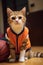 Cat in a sports uniform near a basketball. AI generated