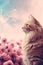 cat staring off into the distant, dreamy floral scene with pretty pastel colors