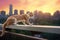 cat stretching on a balcony rail against a city skyline at dawn