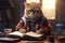 A cat student in glasses reading books