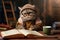 A cat student in glasses reading books