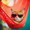 Cat in sunglasses in Hammock in Tropical Garden. Generative AI