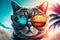 Cat in sunglasses with reflection palms. Generative AI