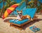 Cat in sunglasses sunbathes on a sunbed. Picture in the style of Ron English