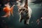 A cat swimming under a fish AI-generated Digital Art