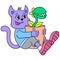 The cat is taking care of insectivorous plants, doodle icon image kawaii