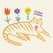 Cat tiger and flowers cool trendy doodle boho cartoon handdrawn funny cute comic character hippie groovy funky vector