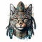 Cat totem animal wearing tribal Indian aboriginal war bonnet