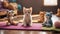 cat and toys A comical kitten on a yoga mat teaching a yoga class for a group of stuffed animals