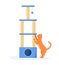 Cat tree or house with scratching posts. Cute red cat interested in cat tower, Cats playground