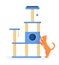 Cat tree or house with scratching posts. Cute red cat interested in cat tower and scratching it. Cat playground with