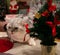 Cat under the Christmas tree with toys. Scottish Straight with bright orange eyes sits near the Christmas tree.