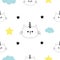 Cat unicorn horn head, hands. Cloud, star shape. Cute cartoon kawaii character. Baby pet collection. Seamless Pattern Wrapping pap