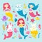 Cat unicorn mermaid. Graphic happy magic mermaids. Funny cartoon kitten hare pony. Sea life clipart for kids, cute ocean