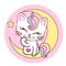 The cat unicorn sits on a crescent moon. Children`s illustration. Vector
