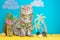A cat on vacation in a Hawaiian shirt with pineapples and sun glasses and a cocktail drinking from a straw. On the beach with
